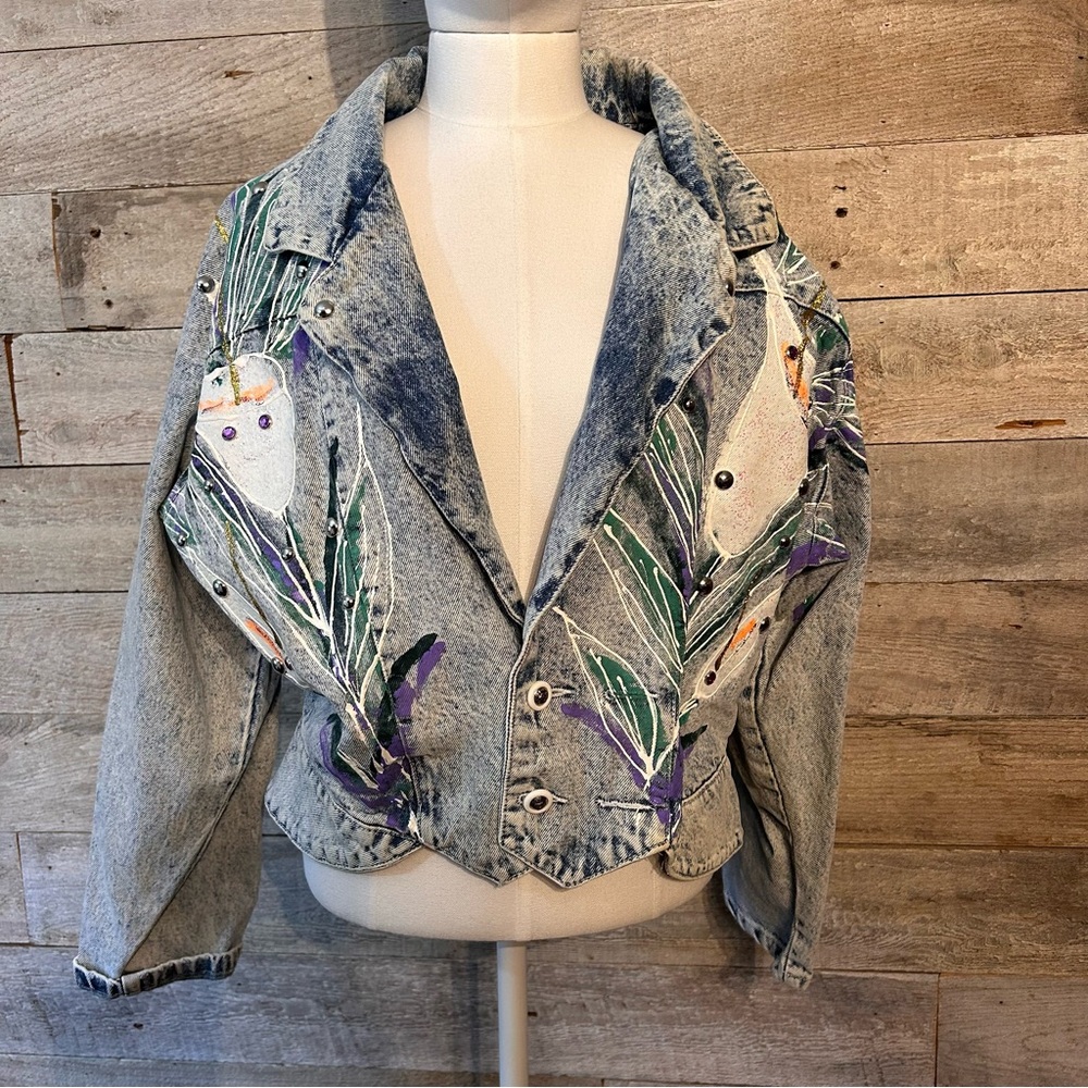 Vintage Bonnie USA women’s handpainted custom‎ acid washed denim Jean jacket